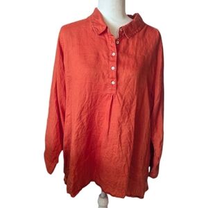 100% Linen Orange Long Sleeve 1/4 Button Flowy Lagenlook Lightweight Tunic Sz 1X